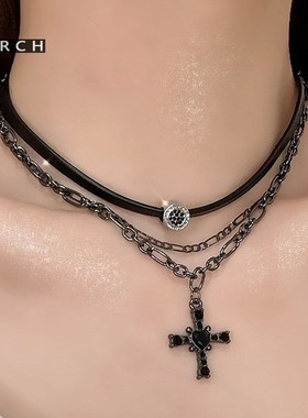 十字架皮革项圈多层choker项链