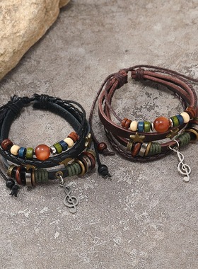 民族风亚文化y2k多层串珠皮革手链音符吊坠手环星星珠子编织手绳