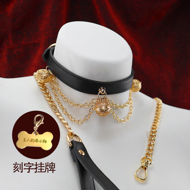 puppy双手链条多铃铛响声项圈女皮革choker暗黑刻字牌牵引绳颈带m