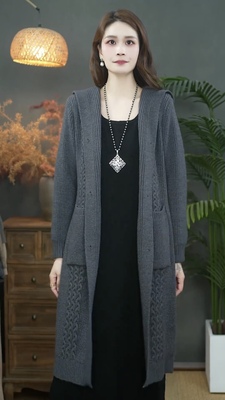 韩版中长款针织开衫女连帽大衣