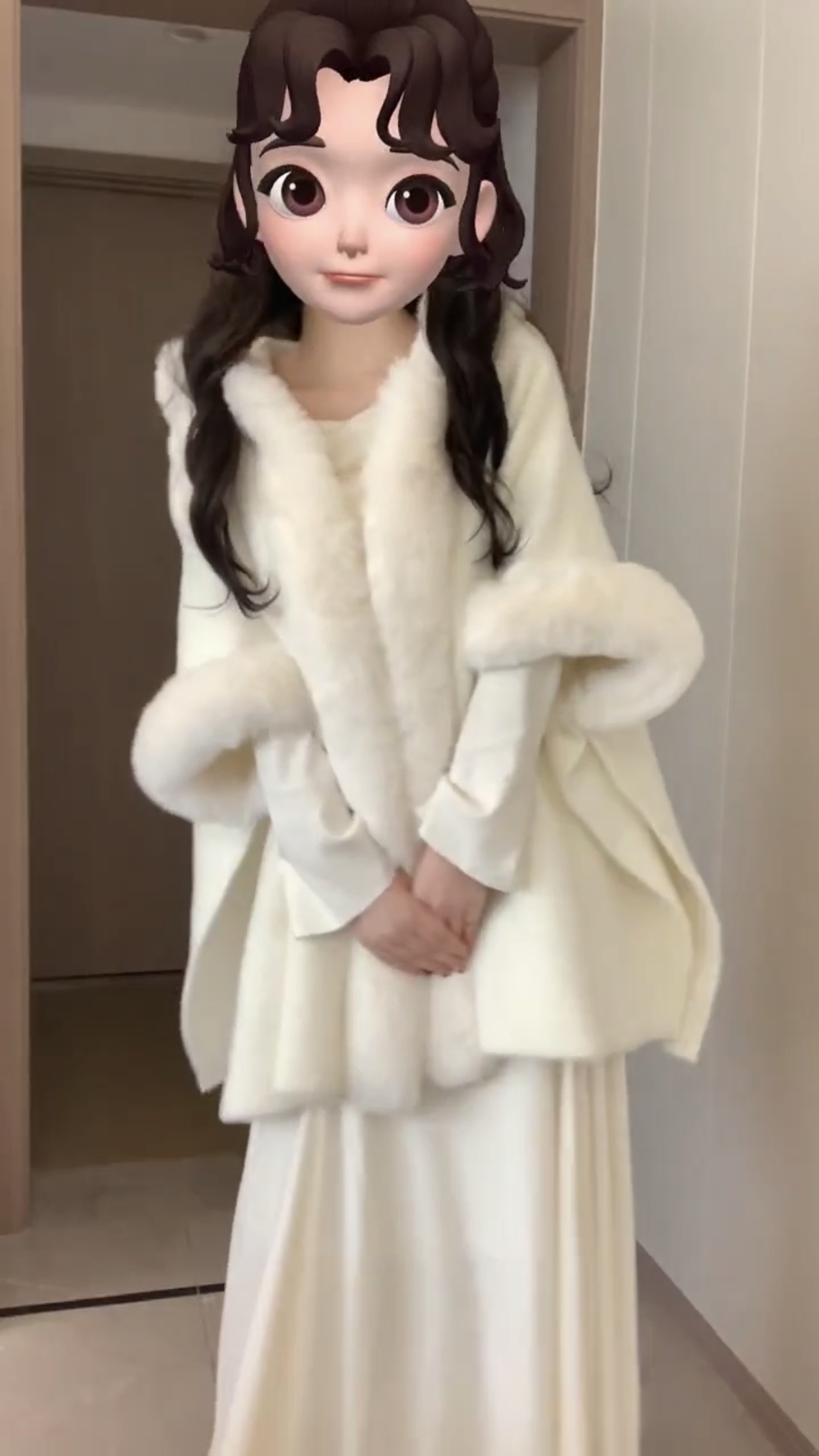 2024秋冬新款皮草外套女雪花绒针织斗篷披肩兔毛领时尚洋气大衣