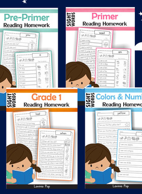 sightwords英语高频词幼儿童英文单词本句子阅读涂色词汇作业纸