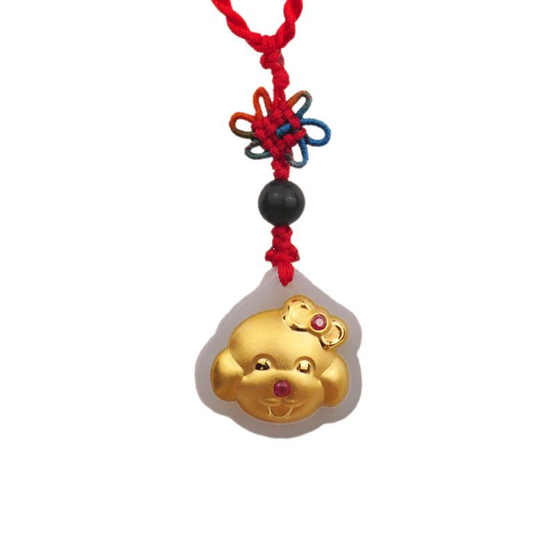 梦克拉3D硬金足金和田玉吊坠金镶玉挂坠生肖狗挂饰 蝴蝶结公主