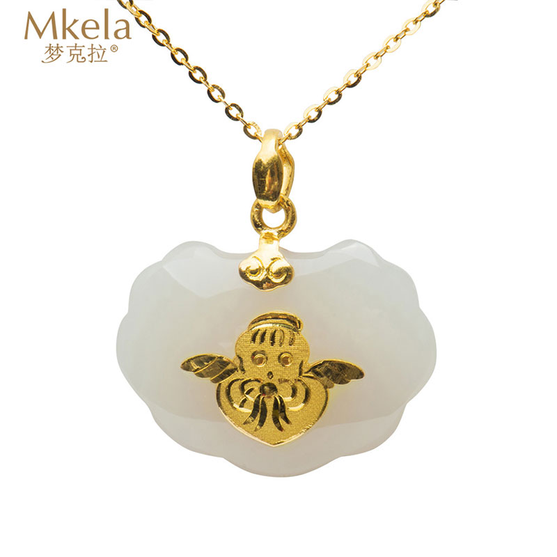 梦克拉足金和田白玉金镶玉吊坠 和田玉小天使 天使宝宝