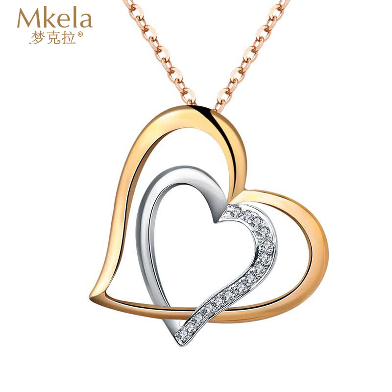 梦克拉18k金群镶钻石吊坠  心形 金色双心项链心形吊坠 双色恋语