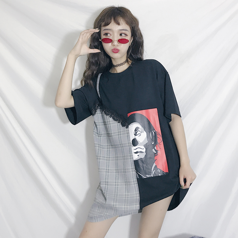 夏季女装韩版假两件格子蕾丝拼接复古中长款印花宽松短袖T恤上衣
