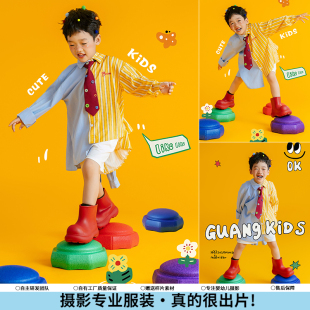 儿童摄影服装男孩多巴胺条纹衬衫影楼拍照主题道具宝宝周岁照写真