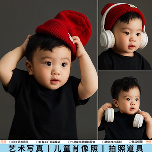 儿童摄影服装宝宝周岁黑色T恤人像照音乐主题影楼拍照写真艺术照