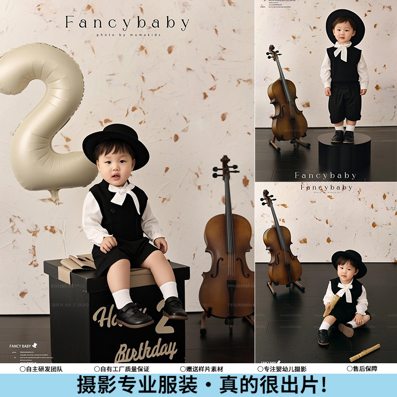 儿童摄影服装黑色礼服音乐生日主题影楼拍照男女宝宝写真照周岁照