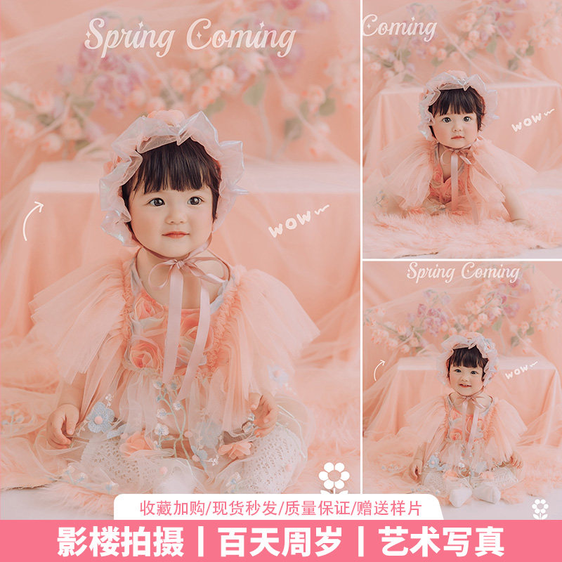 儿童摄影服装女孩百天照樱花粉纱裙百日主题影楼写真拍照周岁照
