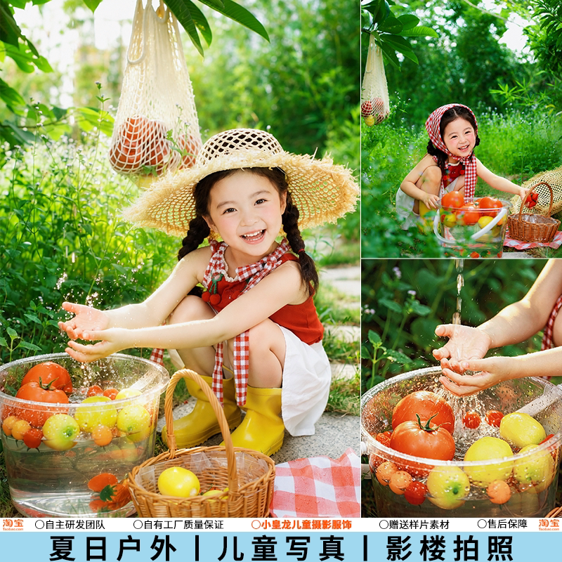 儿童摄影服装夏日女孩户外田园玩水写真影楼主题拍照水桶草帽道具图片