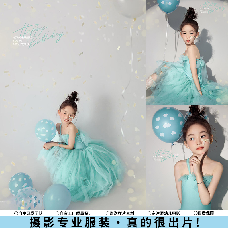 儿童摄影服装蓝色连衣裙女童公主裙影楼拍照女孩生日写真艺术照