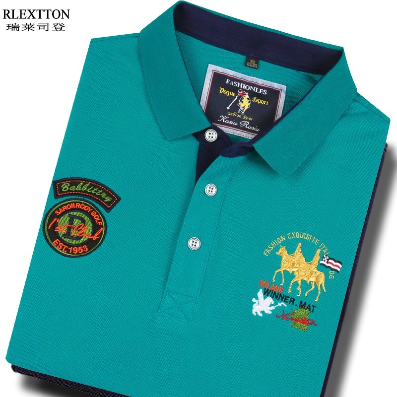 高档纯棉绿色短袖T恤男装翻领夏装Polo衫潮带领有领半袖上衣夏天