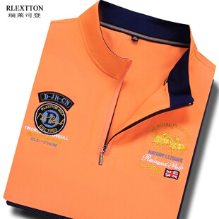 夏季男装立领短袖T恤丝光棉桔色橙色高档刺绣POLO衫半拉链上衣潮