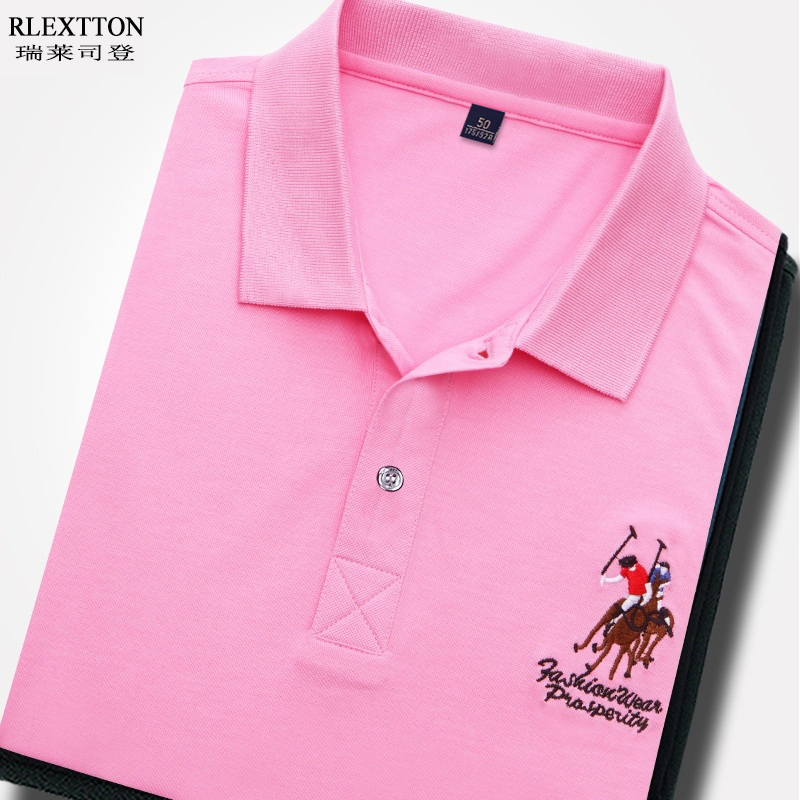 丝光棉短袖T恤男装粉红色POLO衫翻领T有领带领上衣服半袖夏季薄款