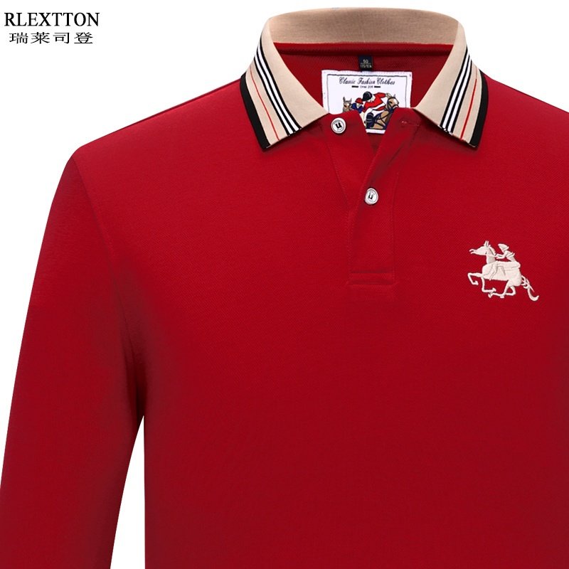 品牌男装纯棉高档长袖t恤男POLO衫翻领上衣服带领体恤红色本命年