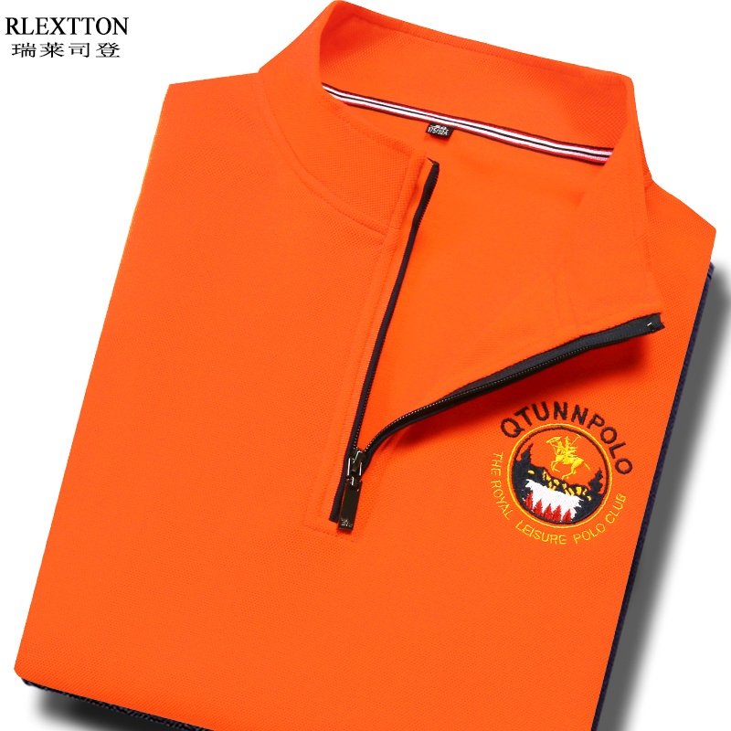 秋冬季男士长袖T恤立领polo衫 高档纯棉半高领拉链上衣服橙色橘色