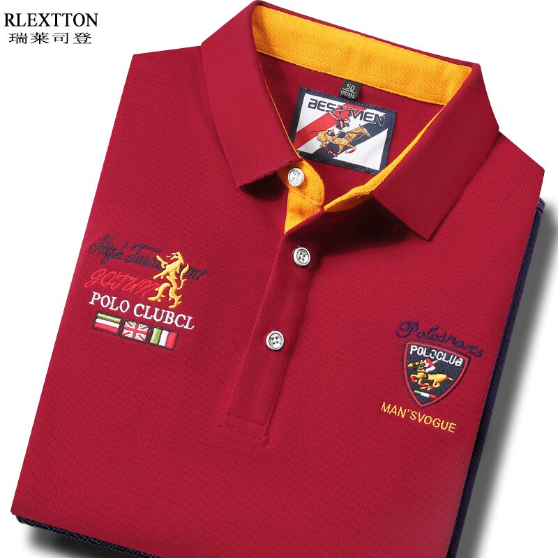 高端男装翻领长袖t恤春季纯棉体恤POLO衫上衣服本命年红品牌潮
