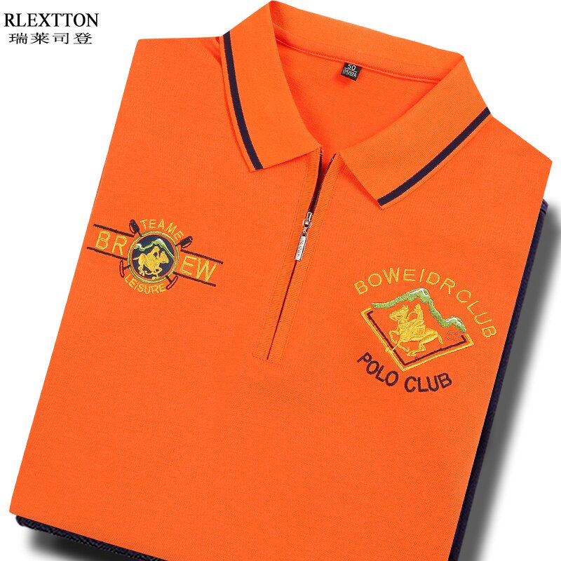 高端丝光棉半拉链短袖T恤男装翻领冰丝橙色橘色POLO衫夏季上衣服