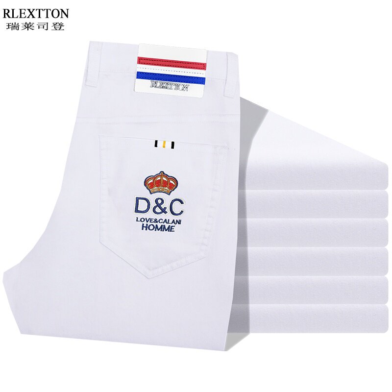 欧洲站潮牌牛仔裤白色男裤子男士刺绣直筒休闲长裤高档弹力春夏季