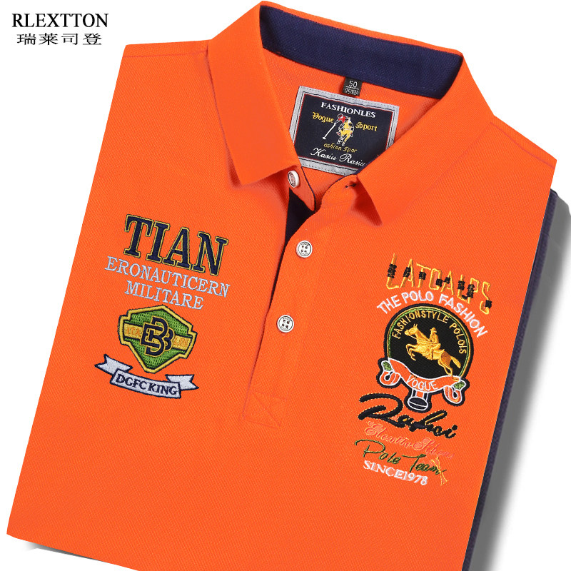 欧洲站潮男装短袖翻领T恤品牌高档POLO衫刺绣半袖T纯棉橙色橘色夏
