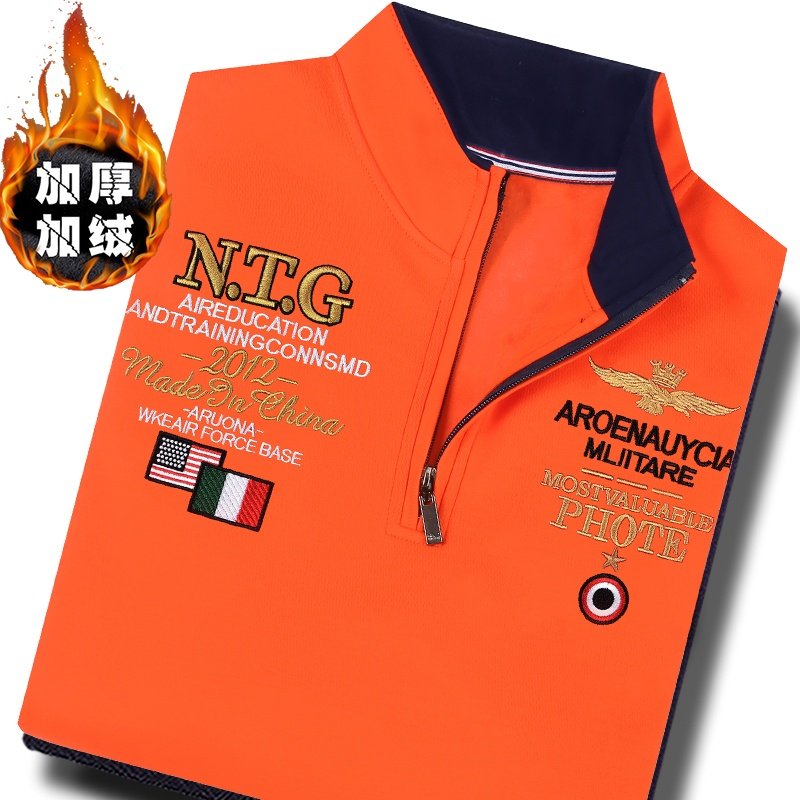 冬季加绒加厚t恤男装立领拉链半高领长袖POLO衫高档刺绣橙色橘色