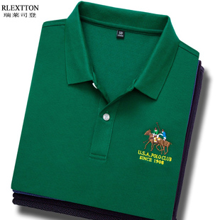 翻領T高檔POLO衫 有領帶領上衣服夏薄墨綠色 T恤品牌男裝 絲光棉短袖