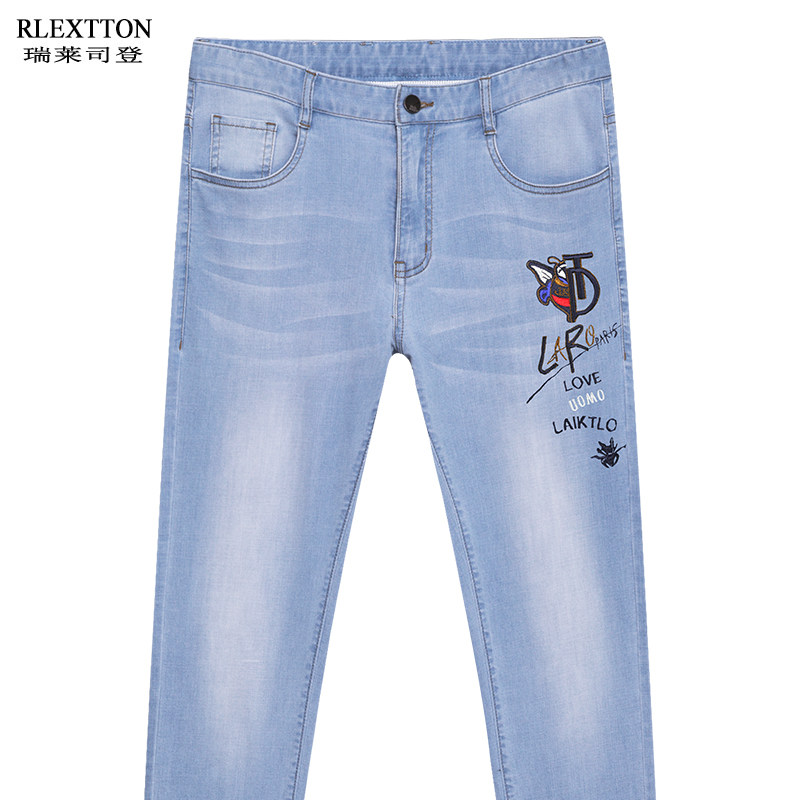 欧洲站潮牌刺绣牛仔裤男裤子浅色渐变色长裤直筒中腰弹力春夏薄款