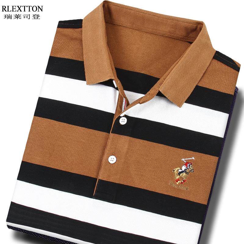 春季长袖T恤男POLO衫条纹体恤刺绣翻领上衣中年爸爸春装品牌男装