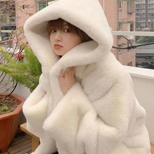 环保獭兔毛连帽仿皮草冬季外套女中长款2025宽松加厚毛茸茸大衣潮
