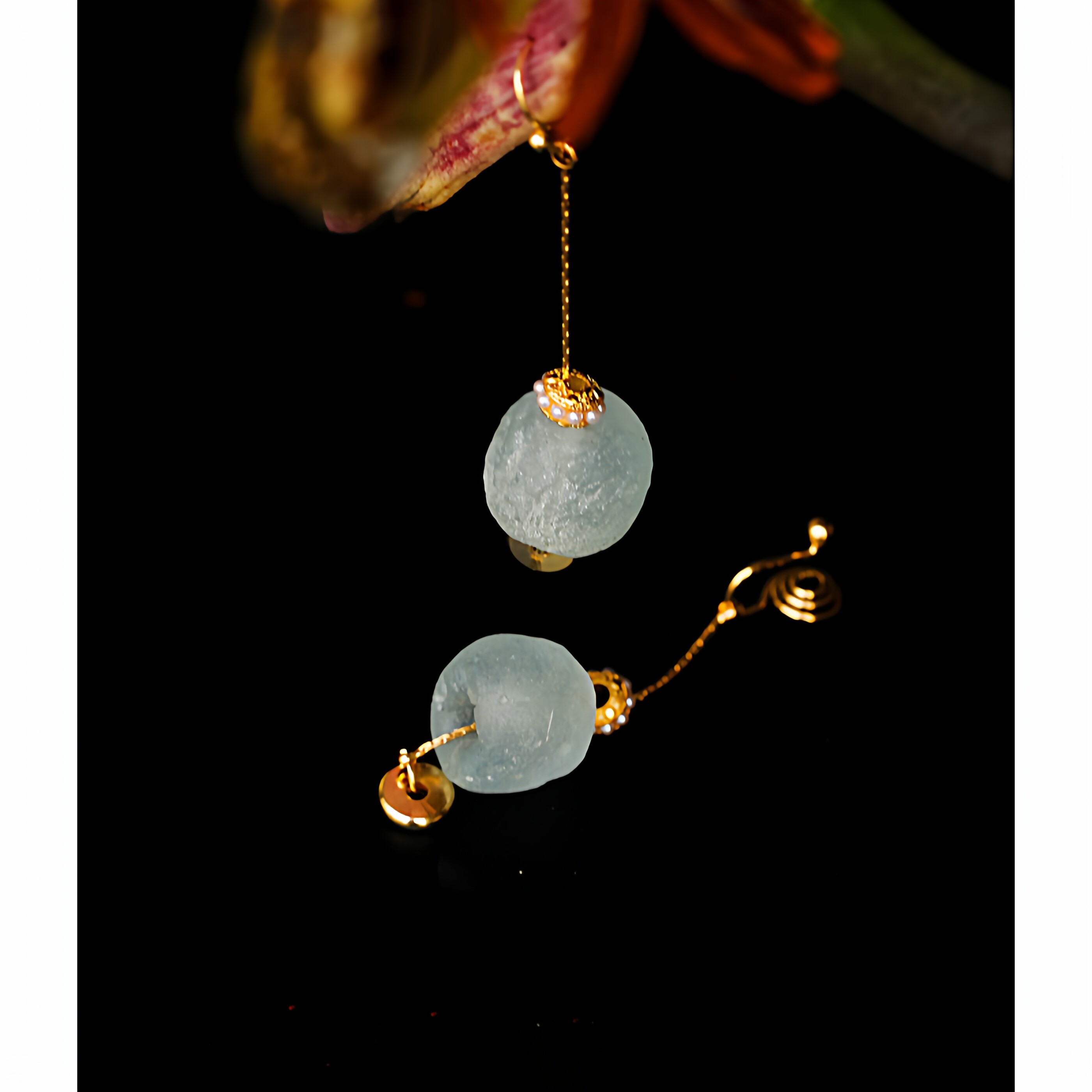 治愈水蓝中古手工百年老琉璃无耳洞耳环黄铜流苏蚊香盘耳夹古罗马