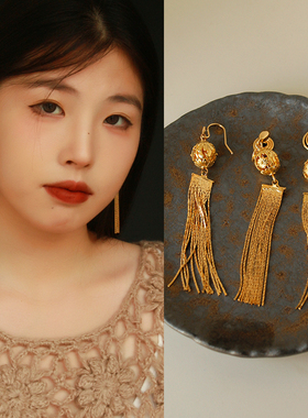 《中古系列》原创黄铜镀金无耳洞时髦日常通勤流苏蚊香盘耳夹耳环