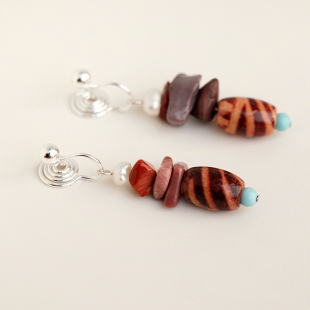 原创手工天然烟紫碎石无耳洞木质复古绿松石蚊香盘耳夹民族风耳勾