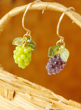 W的手创紫葡萄珍珠日韩耳环气质甜美小巧水果简约清新蚊香盘耳夹