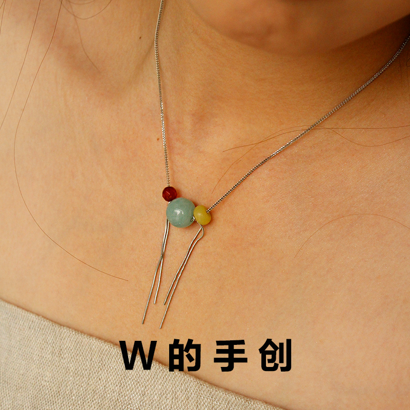 【晚霞与海】天然缅甸翡翠S925纯银锁骨链复古石榴石黄玉流苏项链