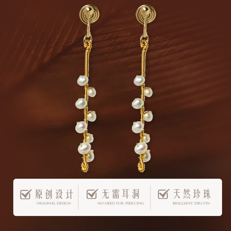 【雪枝】手工绕线树枝天然珍珠无耳洞耳环14K包金注金蚊香盘耳夹