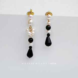 黑玛瑙复古长耳环女质港风长款耳坠不对称蚊香盘耳夹淡水珍珠耳钉