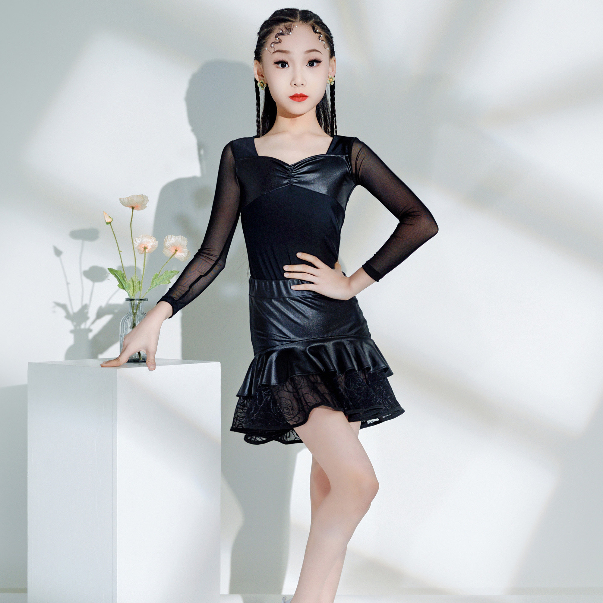 新款拉丁舞服儿童练功服分体拉丁裙少儿专业训练表演出服女舞蹈服