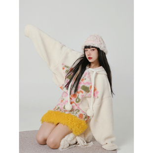 畔喜鱼一秋冬奶呼呼羊羔毛星星短外套原创设计加绒开衫卫衣小个子