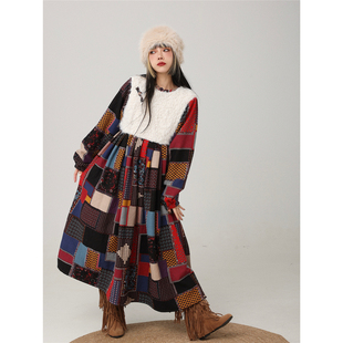 畔喜鱼一蒙德里安复古撞色白色毛绒拼接盘扣连衣裙设计感重工长裙