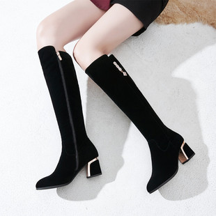 秋冬高跟长筒靴不过膝长靴女粗跟侧拉链显瘦尖头磨砂高筒靴骑士靴