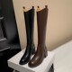 全牛皮不过膝长靴女冬高筒骑士靴加绒粗跟真皮棕色长筒靴高跟马靴