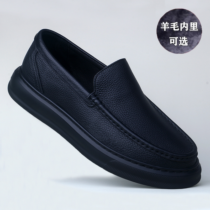 高端男鞋一脚蹬皮鞋男秋冬厚底乐福鞋软底软面真皮鹿皮男鞋办公室