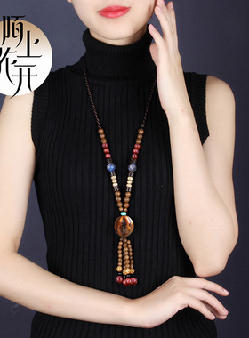 民族风毛衣链子项链女长款流苏百搭复古风高档木质流苏挂件装饰品