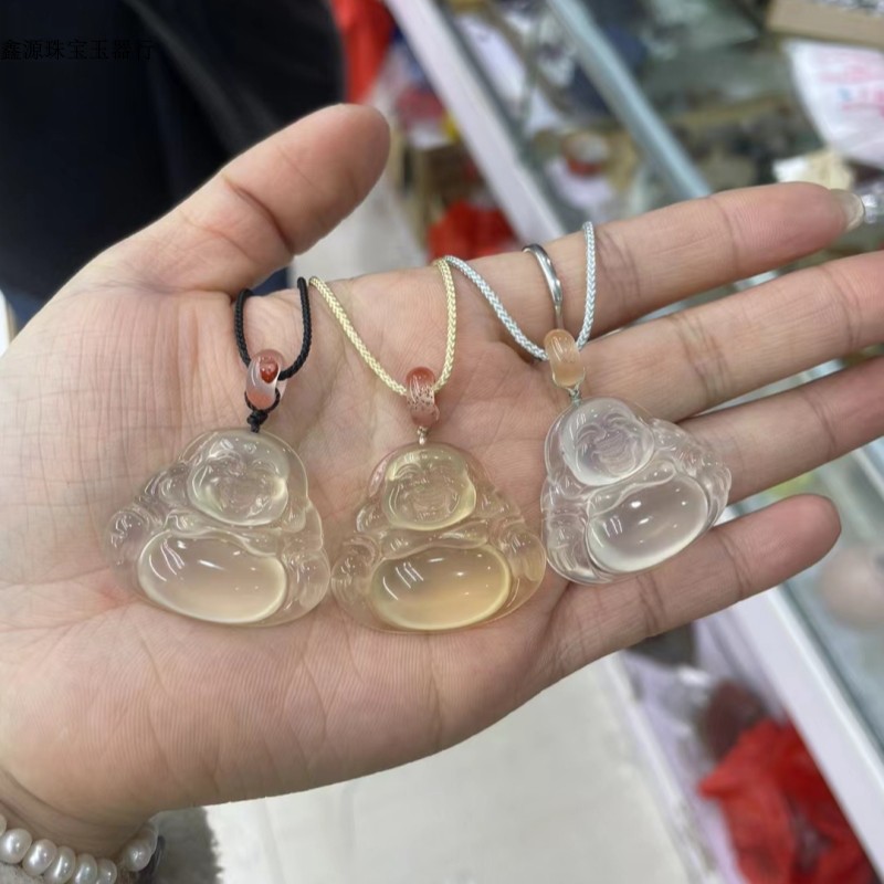 天然高冰金色玉髓佛公吊坠女款冰彩玛瑙弥勒佛项链锁骨链玉坠子