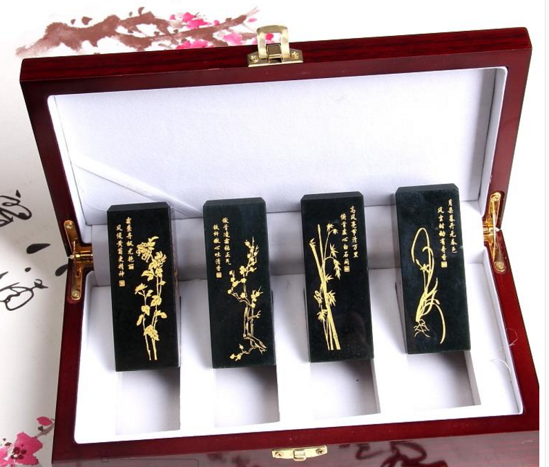 A货天然和田玉青玉方正印章梅兰竹菊印章套装送老爸送领导