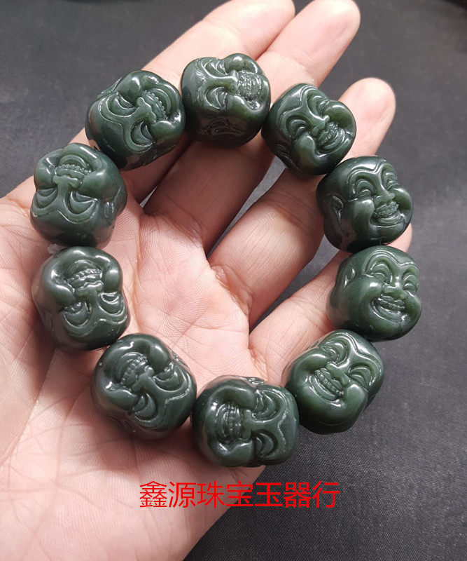 包邮新疆和田玉佛头手链 青玉 佛公手串 天然玉石双面佛手珠男款
