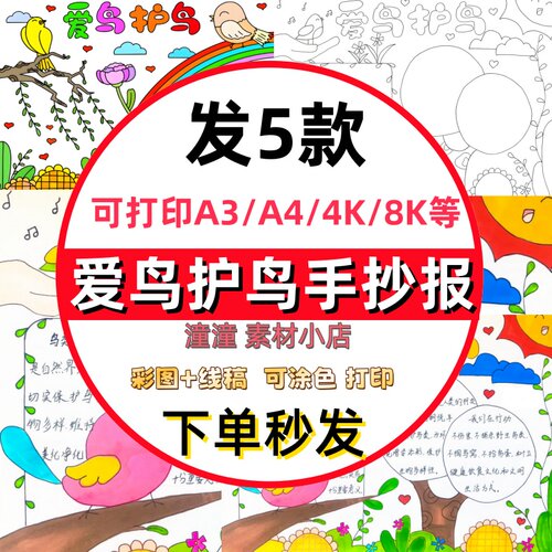 爱鸟护鸟手抄报电子模板小学生爱护鸟类保护自然生态环境黑白线稿
