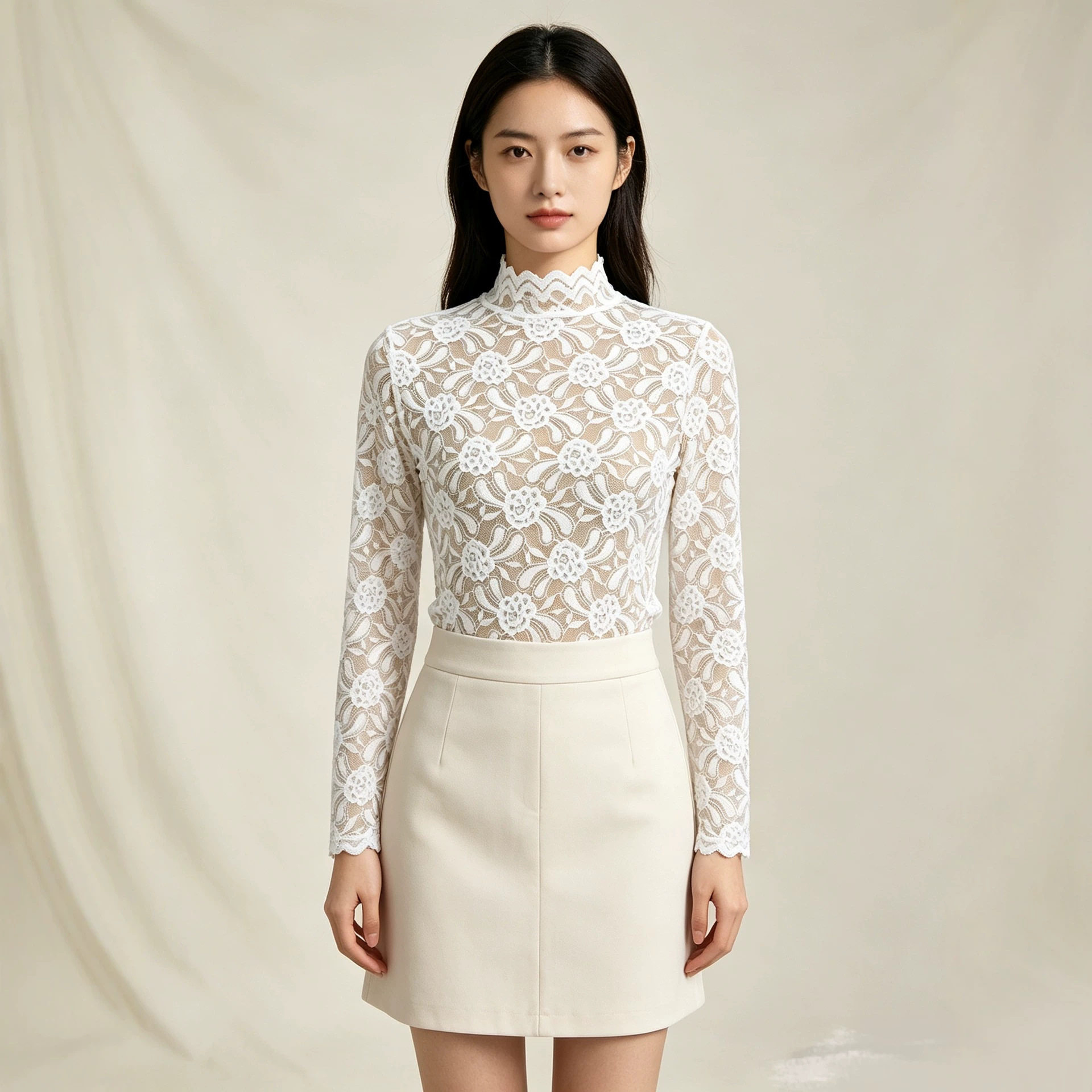 半高领蕾丝打底衫女秋冬2026新款网纱上衣女白色毛衣内搭洋气小衫