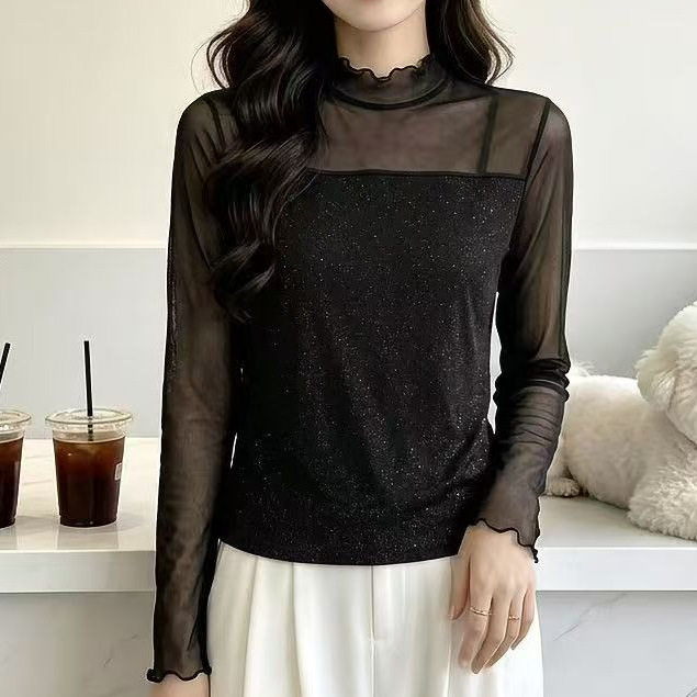 秋季木耳边网纱打底衫2026新款半高领女闪光修身显瘦小衫长袖T恤